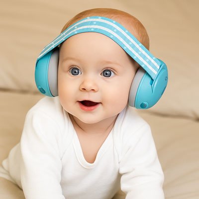 Protection des oreilles de bébé avec un casque anti bruit bleu pendant qu’il est éveillé