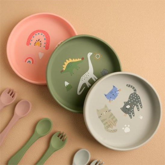 Assiette bebe antidérapante verte dinosaure