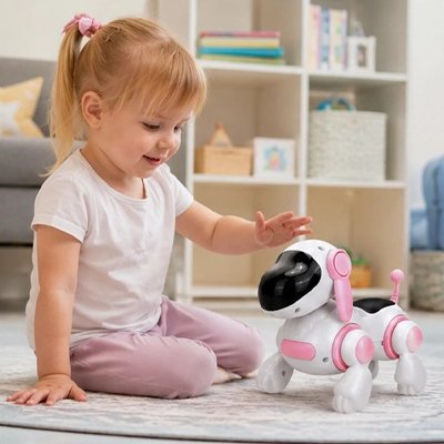 fille joue avec le Robot chien rose