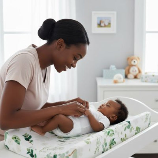 Housse matelas à langer maman avec son bébé sur chaise à langer