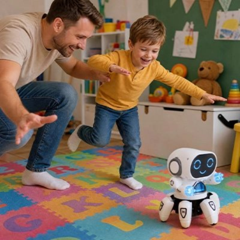 papa et son fils s'amusent avec le Jouet robot blanc