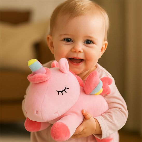 licornes-peluches-rose-dans-bras-bébé-debout-souriant