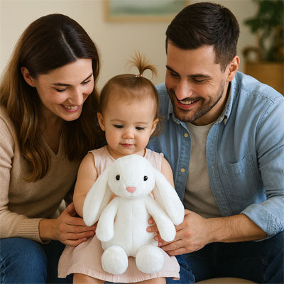 Les parents avec leur fille qui tient la peluche lapin blanc