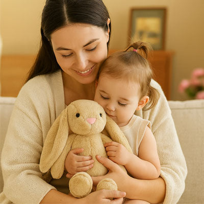 la maman avec sa fille qui tient dans ses main la peluche lapin marron