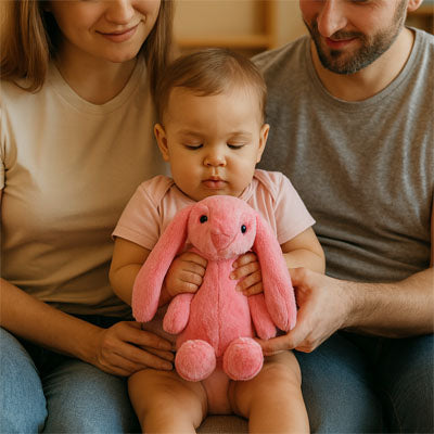 Les parents avec le bébé qui tient la peluche lapin rose