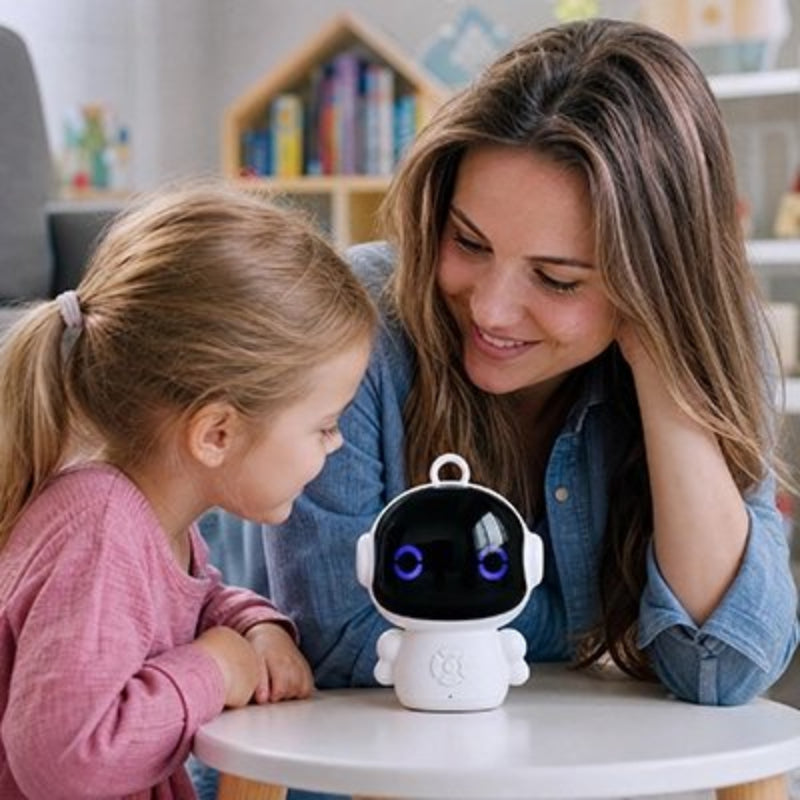 maman et sa fille jouent avec Robot jouet IA