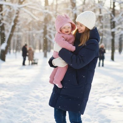 bébé habillé avec une barboteuse rose avec sa mère dans la neige 