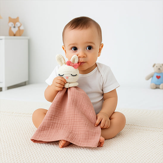 bébé au sol confortable tient la doudou bebe lapin