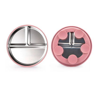 assiette bebe ventouse antidérapante  multicompartiments rose en silicone et acier