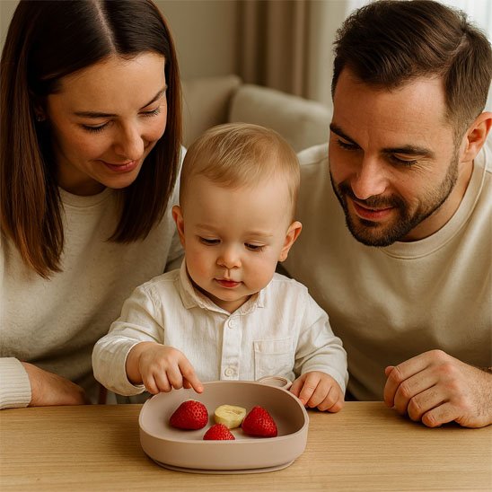 Assiette bébé ventouse maman papa regard bébé qui mange sa banane fraise