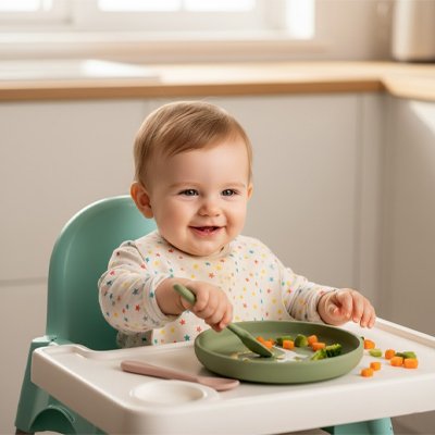 Assiette bebe bébé souriant mange seul dans sa chaise haute