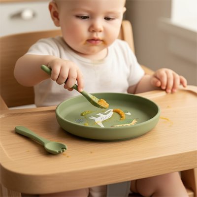 Assiette bebe vert bébé mange avec une cuillére sans dégats