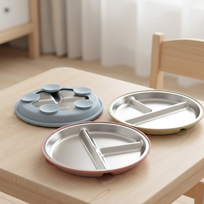 assiette bebe ventouse antidérapante  multicompartiments en acier et silicone