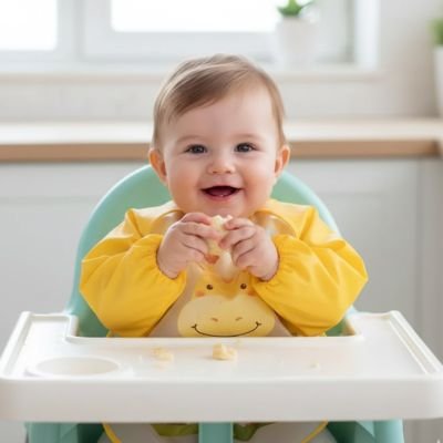 Bavoir manche longue girafe bébé sur sa chaise haute mange la banan