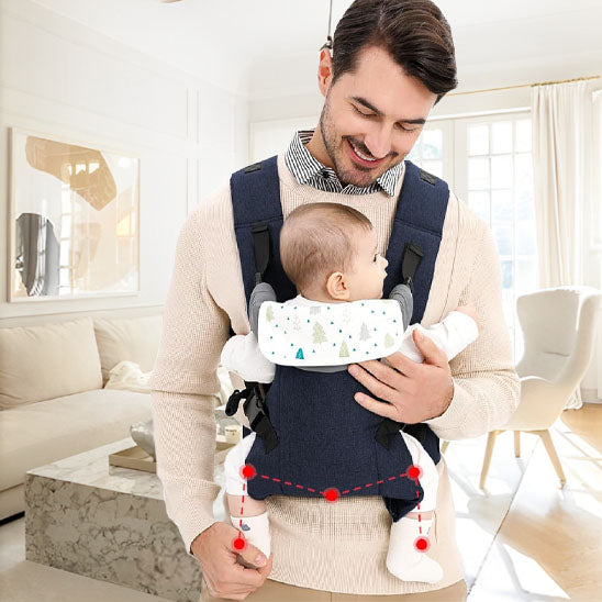bebe dans porte bebe face son papa est souriant