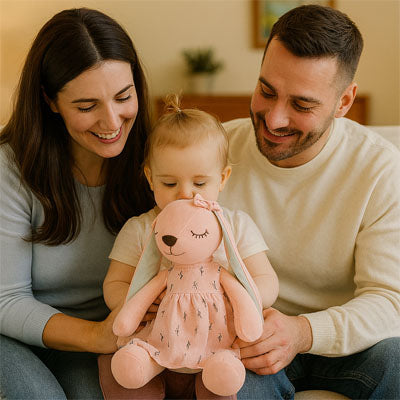 Bébé câline sa peluche lapin longues oreilles dans les bras de ses parents