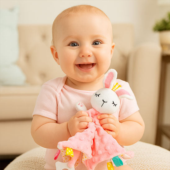Bébé joue avec un doudou peluche hypoallergénique
