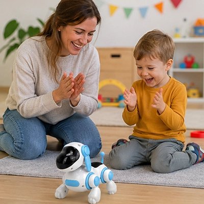 enfant et sa mêre jouent avec le robot-chien_