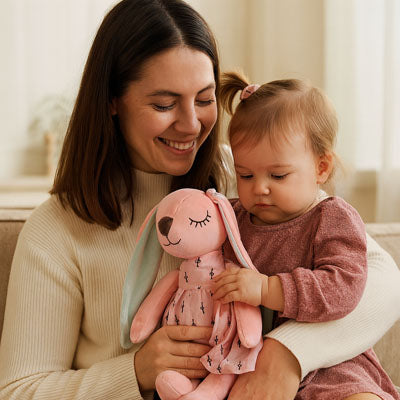bébé dans les bras de sa mère et le bébé tient la peluche lapin longues oreilles rose