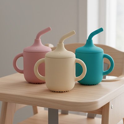 Gobelet bebe rose bleu jaune avec paille