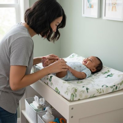 Housse matelas à langer maman joue avec son bébé 