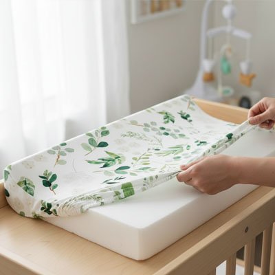 Housse matelas à langer vert blanc avec des fleure 