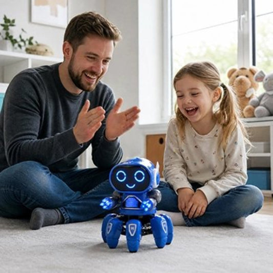 papa et sa fille joue avec le Jouet robot bleu
