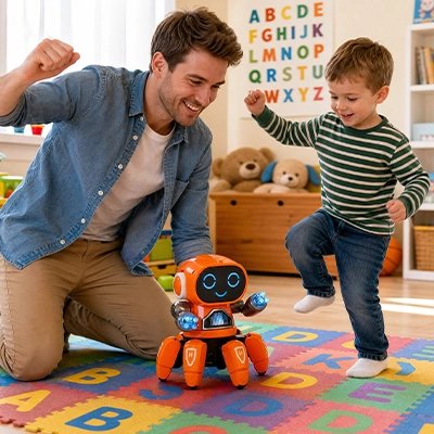 papa et son fils dans la chambre joue avec le Jouet robot orange