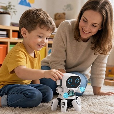 maman et son fils dans salon joue avec le Jouet robot