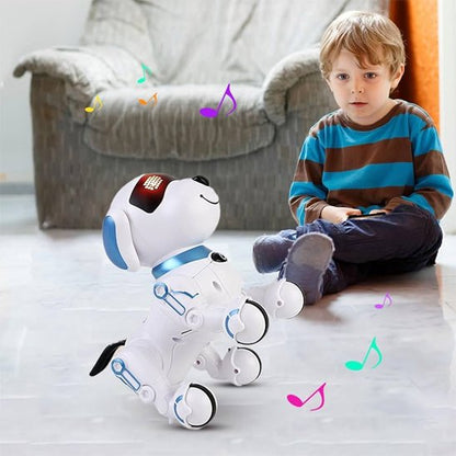 garçon jouet avec le Jouet robot chien  bleu et blanc 