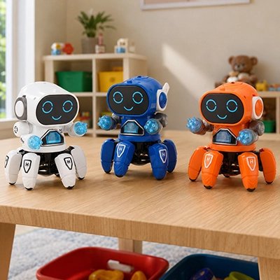 Jouet robot bleu-orang-blanc