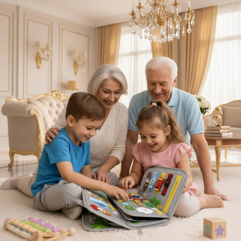  livre sensoriel Montessori pris par les enfant et les grands parents au pourtour