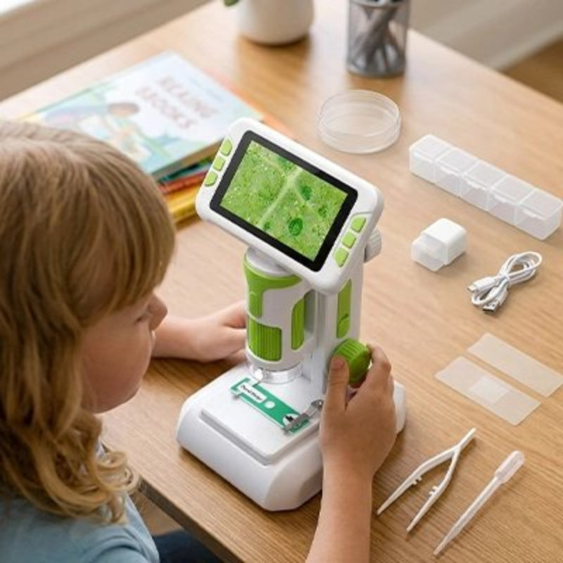Microscope enfant blanc et vert  sur la table et le garçon fait des                        experiences