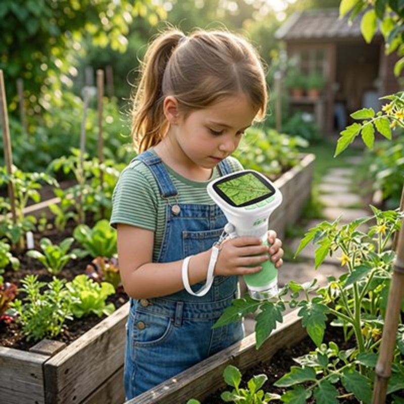 Microscope enfant vert-blanc dans les mains dans une fille dans le jardin