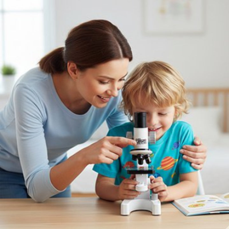 Microscope enfant blanc sur la table et le garçon et sa mère font des experience