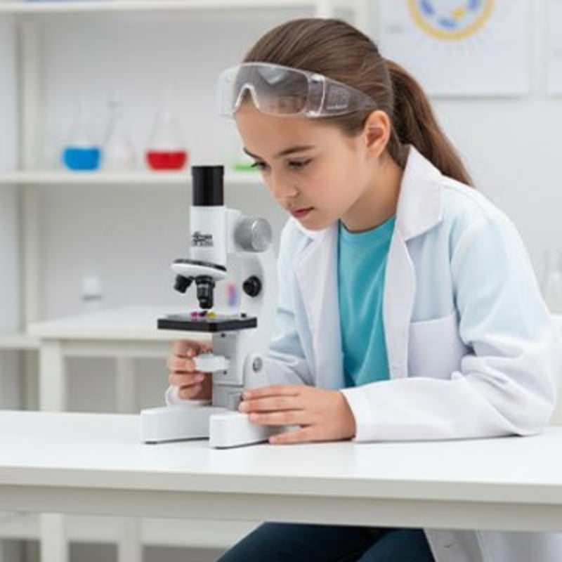 Microscope enfant portable sur la table et la fille avec sarreau blanc fait des experiences