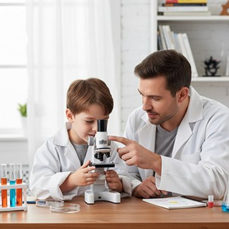 Microscope enfant sr le bureau le père et sont fils regarde avec le microscope