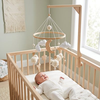 Mobile bébé en bois suspendu sur le berceau