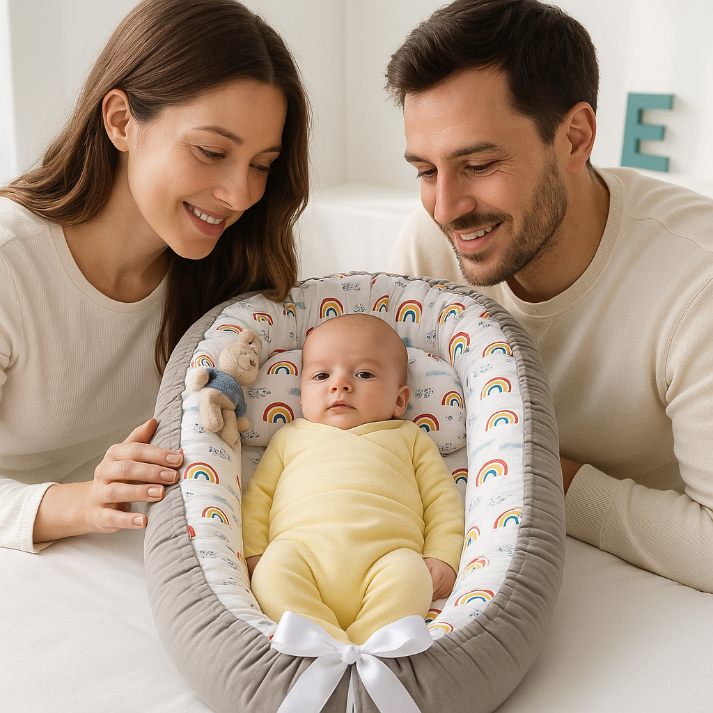 nid de bébé arc-en-ciel bébé reveillé et les parents le regarde