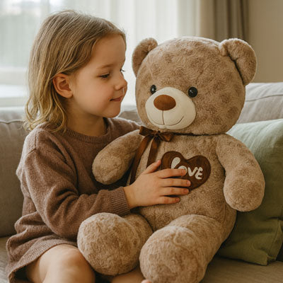 Fille souriante avec Ours en peluche Teddy 60 cm, compagnon rassurant