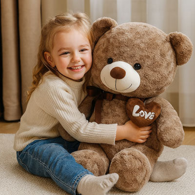 Fille souriante et câlinant Ours en peluche Teddy 60 cm, peluche douce et sécurisée
