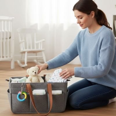 Panier rangement bébé gris avec plusieurs poches