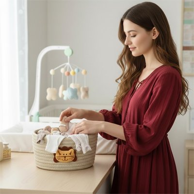 Panier rangement bebe beige chat