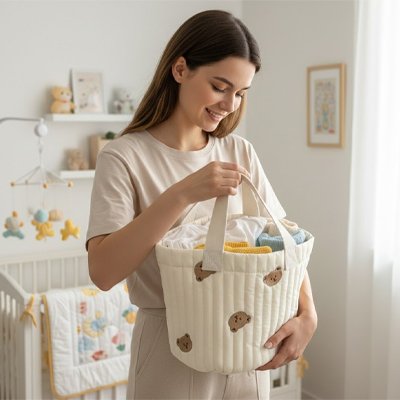 Panier rangement bebe beige ourson