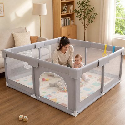 Parc bébé dans le salon, maman bébé l'interieur du parc