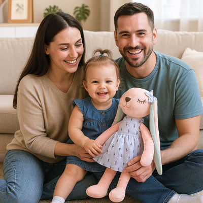 Bébé heureux avec ses parents et son doudou lapin tout doux