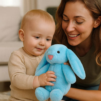 maman tient son bébé avec la peluche lapin bleu