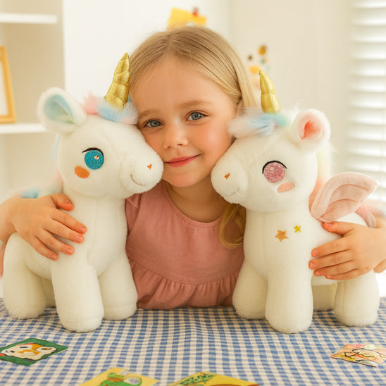 Peluche licorne rose et bleu lavable en machine et durable