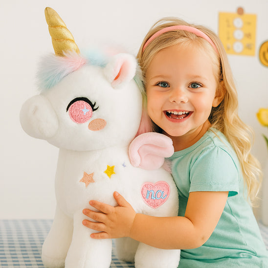 Peluche licorne rose et bleu idéale pour câlins et moments féeriques