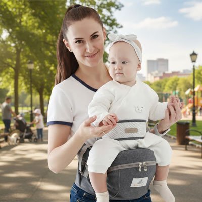 Maman avec le bébé sur le Porte bebe au parc 